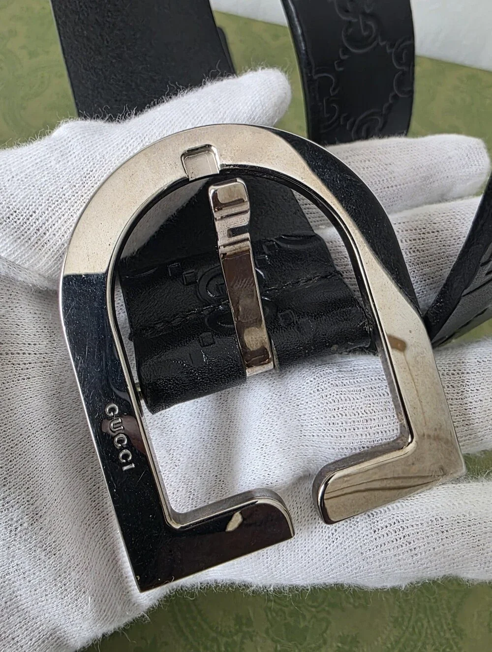 Auth Gucci Guccissima Men Black Leather Belt with Silver Buckle - Picture 5 of 12